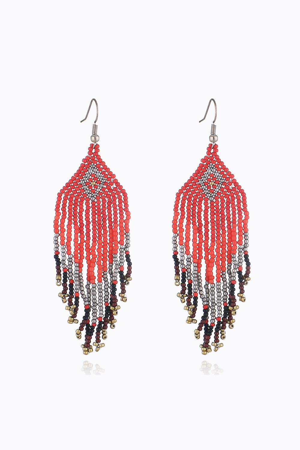 Beaded diamond fringe earrings in red, silver, black, and gold with dangling beads.