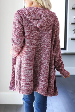 Hooded heathered knit open cardigan in deep purple with pockets and a relaxed fit.