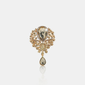 Regal teardrop embellished brooch in champagne with intricate gold alloy details.