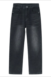 Relaxed fit dark gray denim jeans with a faded wash and straight leg.