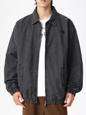 Men's dark gray casual zip jacket with elastic cuffs and hem, collared neckline.
