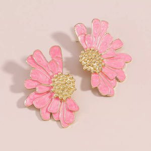 Textured pink flower stud earrings with gold center detail.
