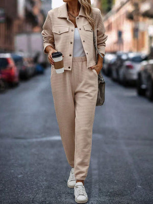 Quilted co-ord set in tan, featuring a button-up jacket with pockets and matching joggers.