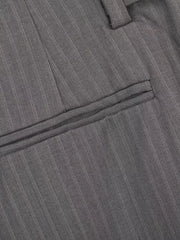 Grey pinstripe sweatpants with a buttoned detail and a welt pocket.