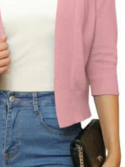 Dusty Pink open-front cropped cardigan with elbow sleeves, styled with a white top and jeans.