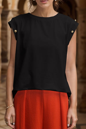 Black cap sleeve tee with gold button detail on shoulders
