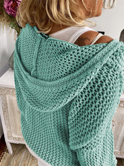Turquoise open-knit slouchy hooded sweater with a relaxed fit.