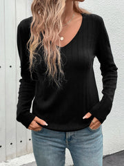 Black ribbed V-neck sweater with long sleeves and a relaxed fit.