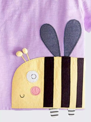 Purple cotton t-shirt with a yellow bee applique featuring black stripes and grey wings.