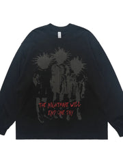 Black cotton long sleeve tee with oversized fit and graphic print with text.