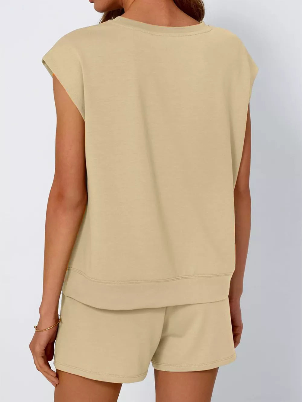 Khaki crew neck sleeveless top and shorts set with drawstring detail.