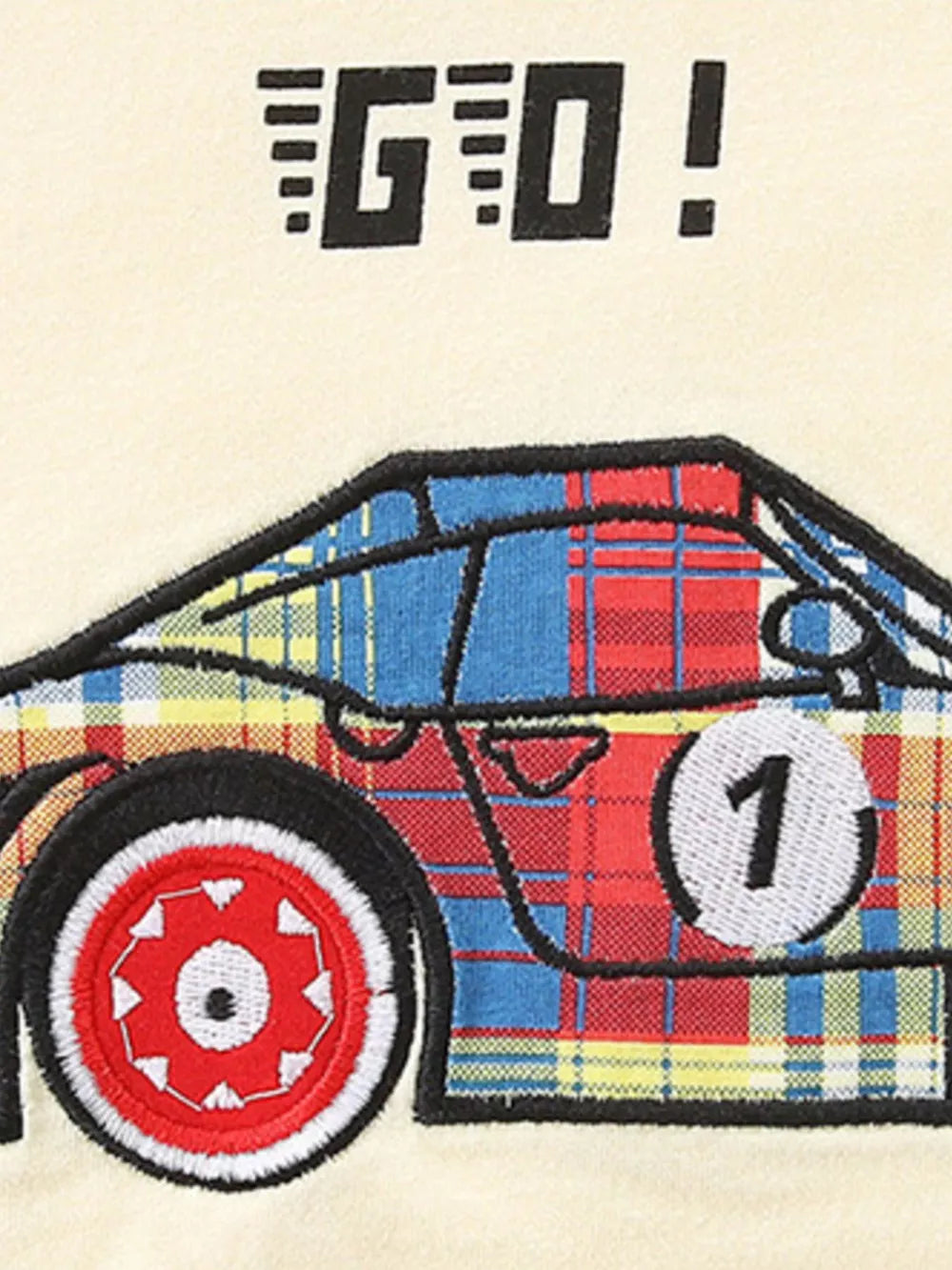 Baby t-shirt with racing car graphic and GO! text, cotton.