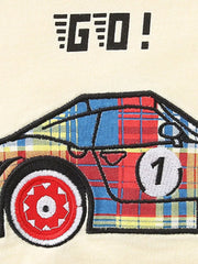 Baby t-shirt with racing car graphic and GO! text, cotton.