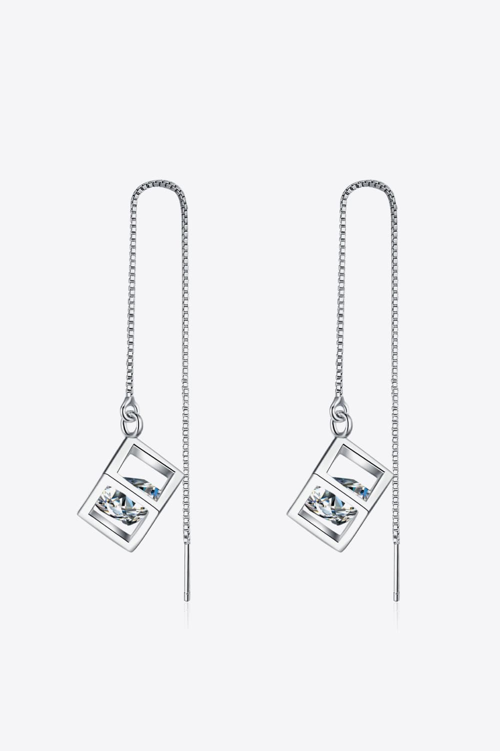 Silver geometric cube threader earrings with clear crystal accents.