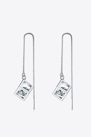 Silver geometric cube threader earrings with clear crystal accents.