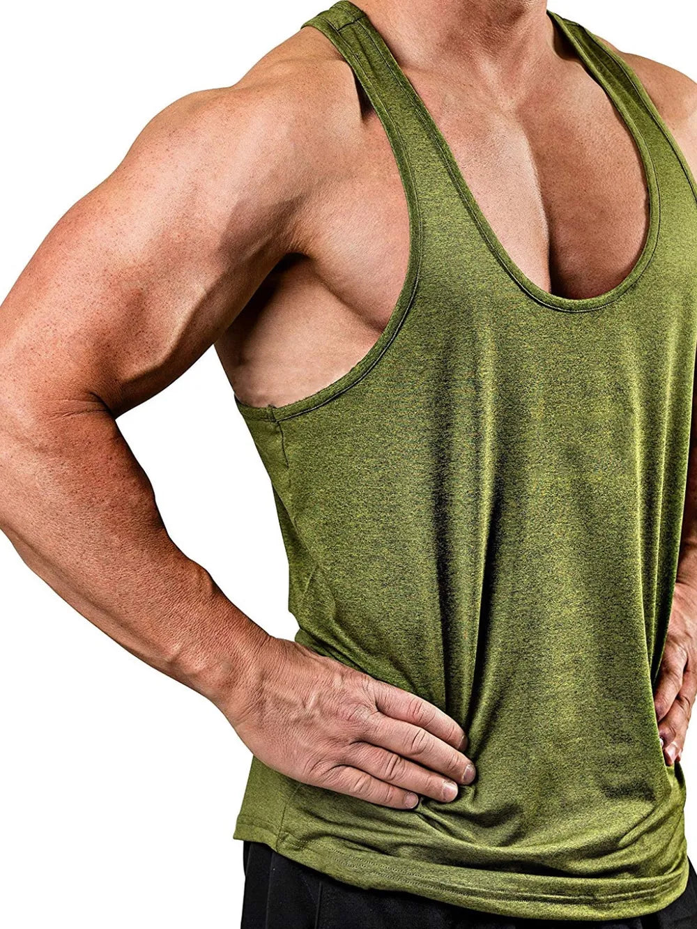 Performance racerback tank top in heathered matcha green with a scoop neck.