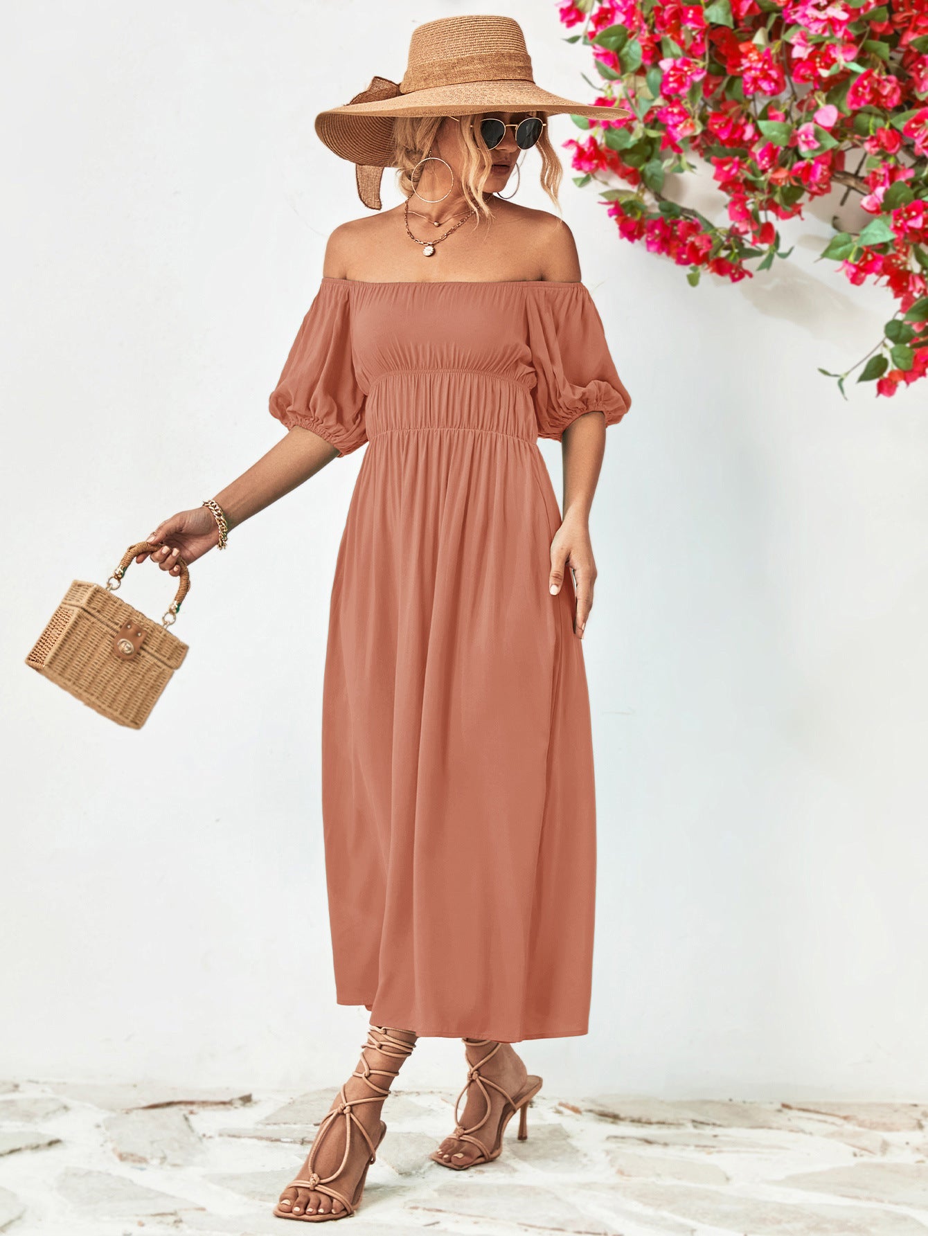 Dusty Pink off-shoulder midi dress with gathered bodice and balloon sleeves.