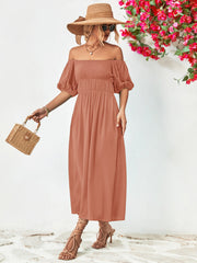 Dusty Pink off-shoulder midi dress with gathered bodice and balloon sleeves.