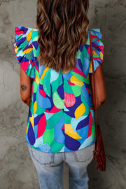 Multicolor abstract print blouse with ruffle butterfly sleeves and smocked shoulder detail.