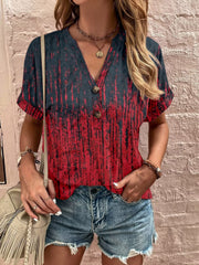 Bohemian tapestry henley blouse in Deep Red with a tie-dye stripe pattern and button-up neckline.