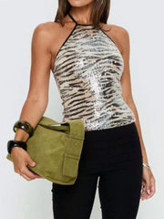 Shimmering sequin tiger print halter cami top with black trim.