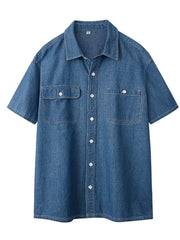 Dark blue denim button-up shirt with short sleeves and two chest pockets.