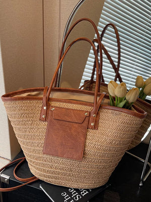 Straw Woven Shoulder Bag With Leather Accents in Khaki, model styling view