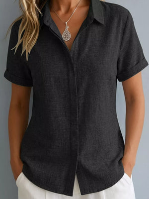 Full Size Collared Short Sleeve Shirt Plus Size in Lotus Color, fit detail
