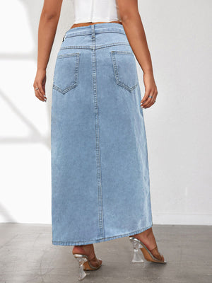 Light blue washed denim maxi skirt with a high slit and back pockets.