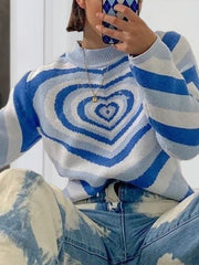 Light blue and white striped mock neck knit sweater with a heart pattern.