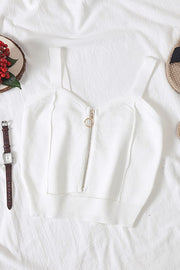 White ribbed knit crop top with exposed zip detail and ring pull.