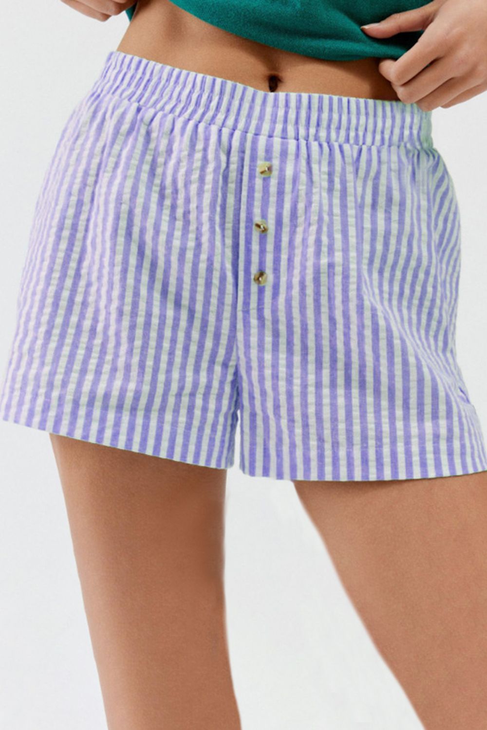 Seersucker boxer shorts in Blue Purple stripe with button fly and elastic waist.