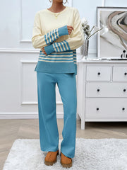 Color-blocked knit lounge set in pastel blue and cream with blue stripes on sleeves and hem.