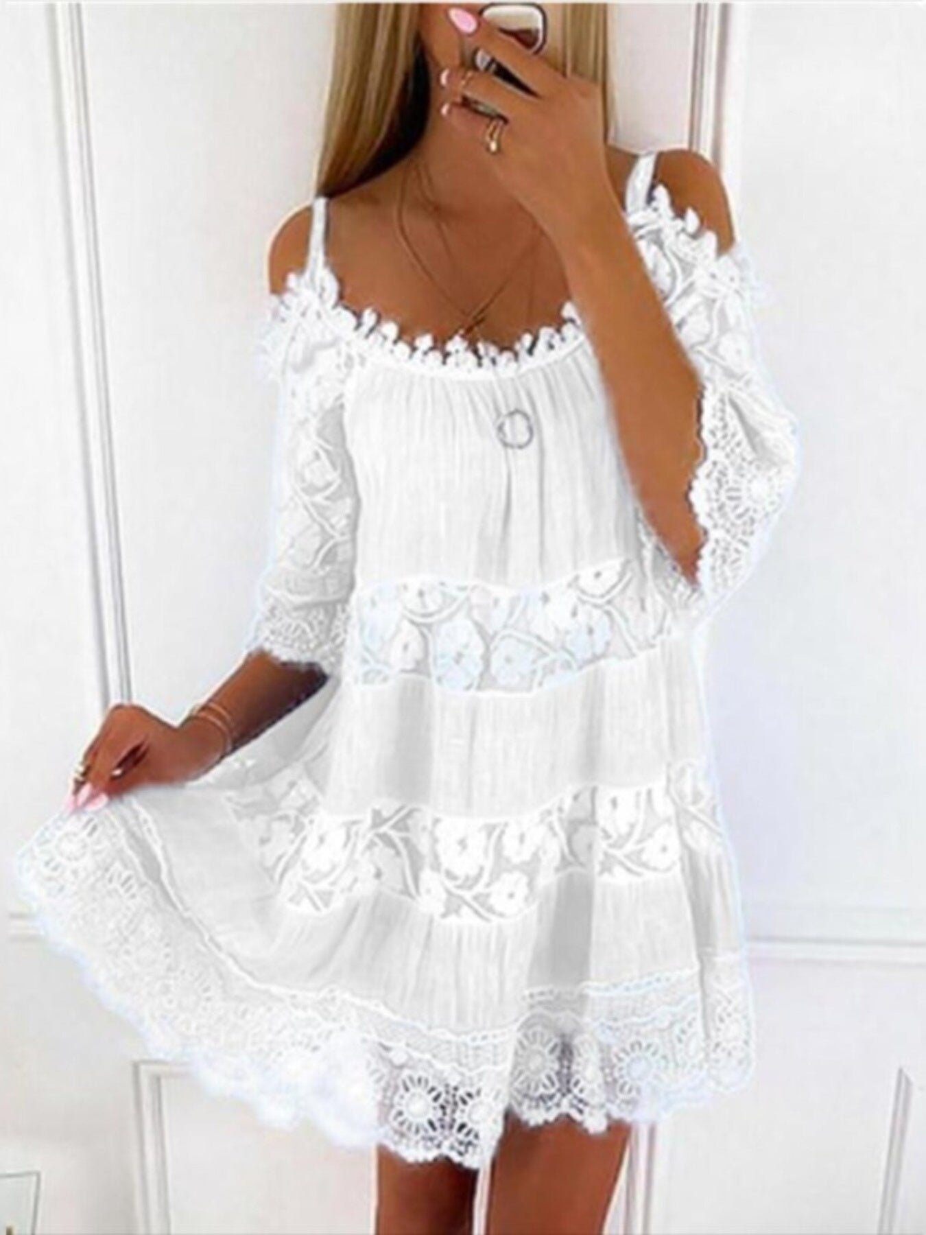 Bohemian Lace Cold Shoulder Mini Dress Plus Size in Light Blue, close-up detail