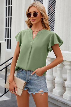 Light green flutter sleeve V-neck blouse with a casual, breathable style.