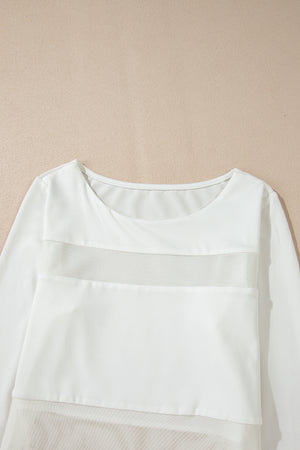 White mesh panel illusion bodysuit with long sleeves and round neckline.