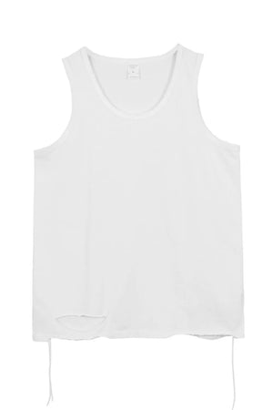 White raw edge scoop neck tank top with distressed hem detail