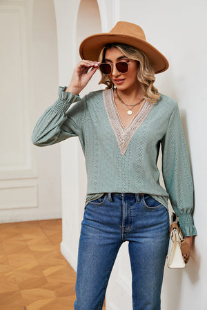Gum Leaf eyelet blouse with lace trim V-neck and ruffle cuffs