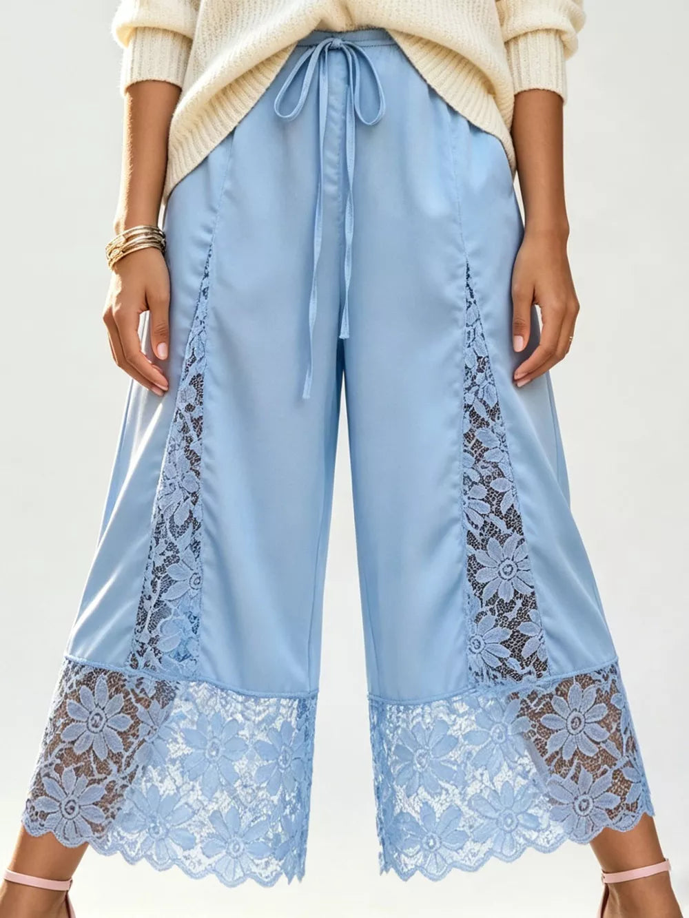 Lace Trim Wide-leg Cropped Pants in White, model styling view