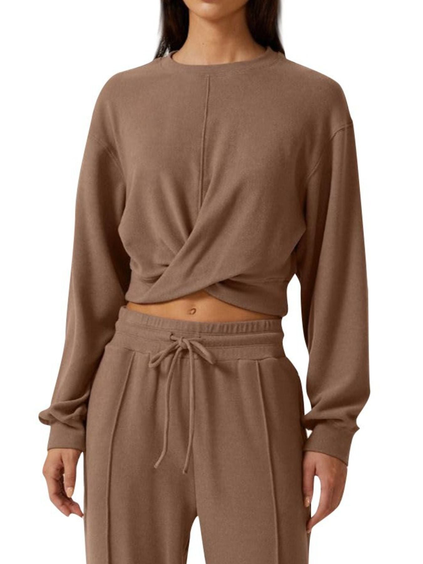 Camel cropped twist-front top with relaxed drawstring pants set