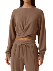 Camel cropped twist-front top with relaxed drawstring pants set