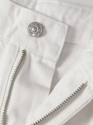 White relaxed fit wide leg sweatpants with silver button and zipper detail.
