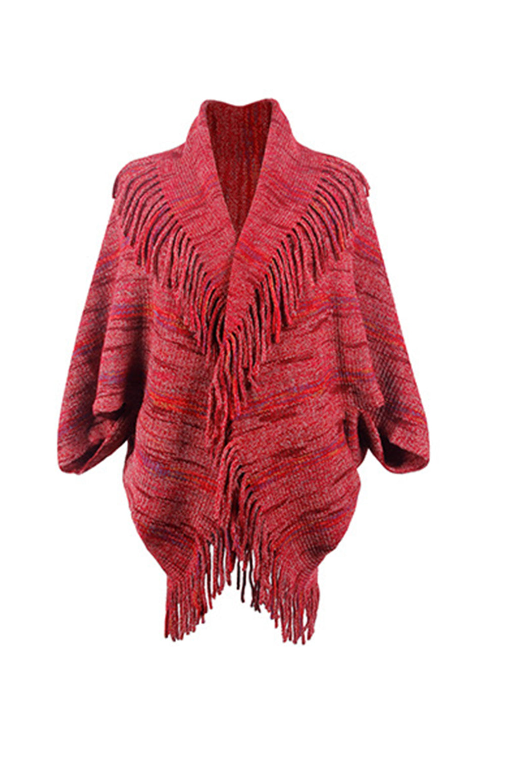 Textured knit cape in wine with fringe trim and wide sleeves.