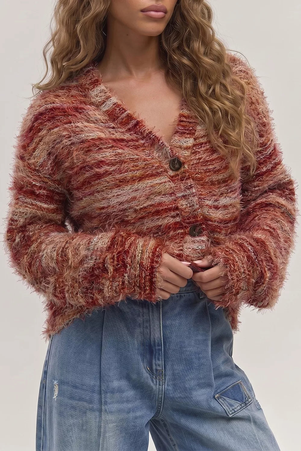 Fuzzy Striped Button Front Cardigan Sweater in Rust, side view
