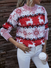 Arctic Flurry Sweater in Deep Red with reindeer and snowflake pattern, fuzzy knit, mock neck.