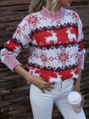Arctic Flurry Sweater in Deep Red with reindeer and snowflake pattern, fuzzy knit, mock neck.