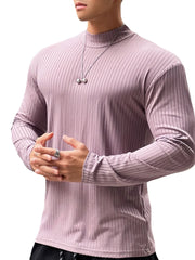 Lilac ribbed mock neck muscle fit long sleeve top with silver dumbbell pendant necklace.