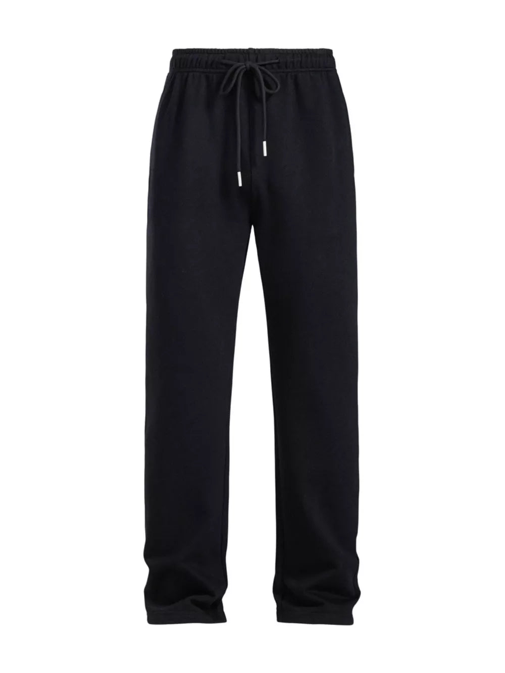 Men's black drawstring loose fit sweatpants with elastic waistband and metal-tipped cord.