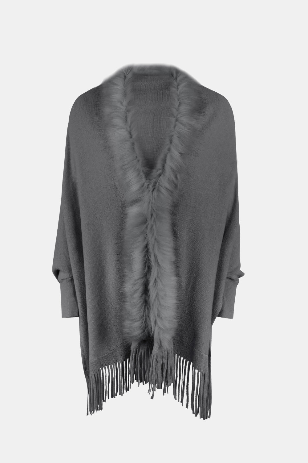 Charcoal faux fur trimmed fringe cape with a V-neck detail.