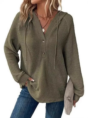 Full Size Waffle Knit Half-button Hoodie Plus Size in Black, product detail